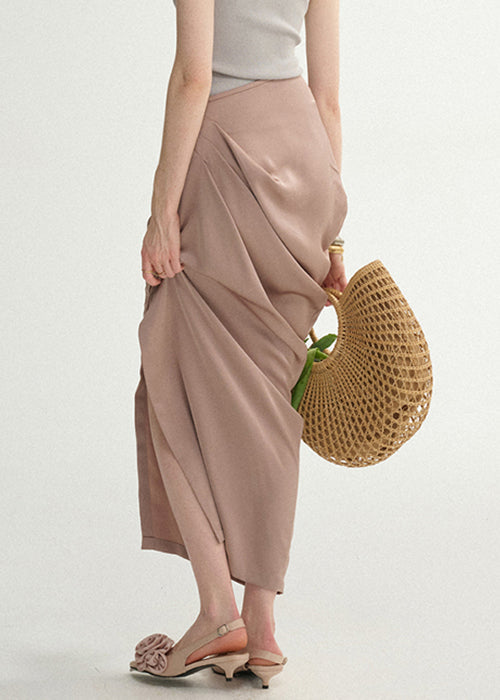 Elegant Lotus Root Starch Wrinkled Side Open Silk Skirts Summer
