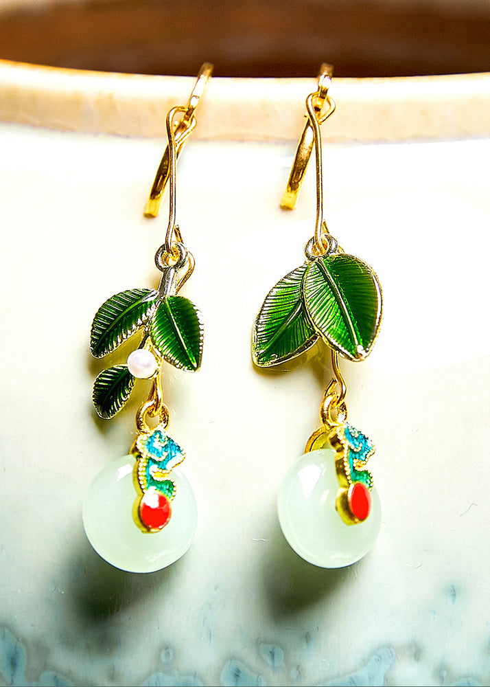 Elegant Metal Green Leaf Circular Jade Drop Earrings - Omychic