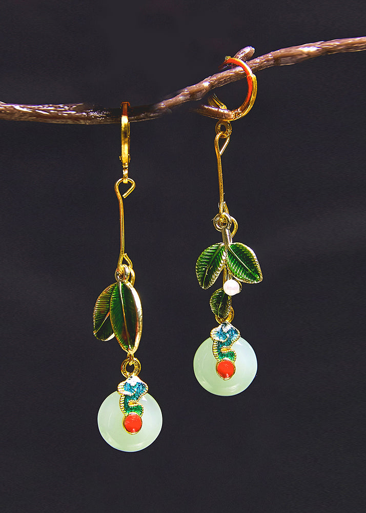 Elegant Metal Green Leaf Circular Jade Drop Earrings