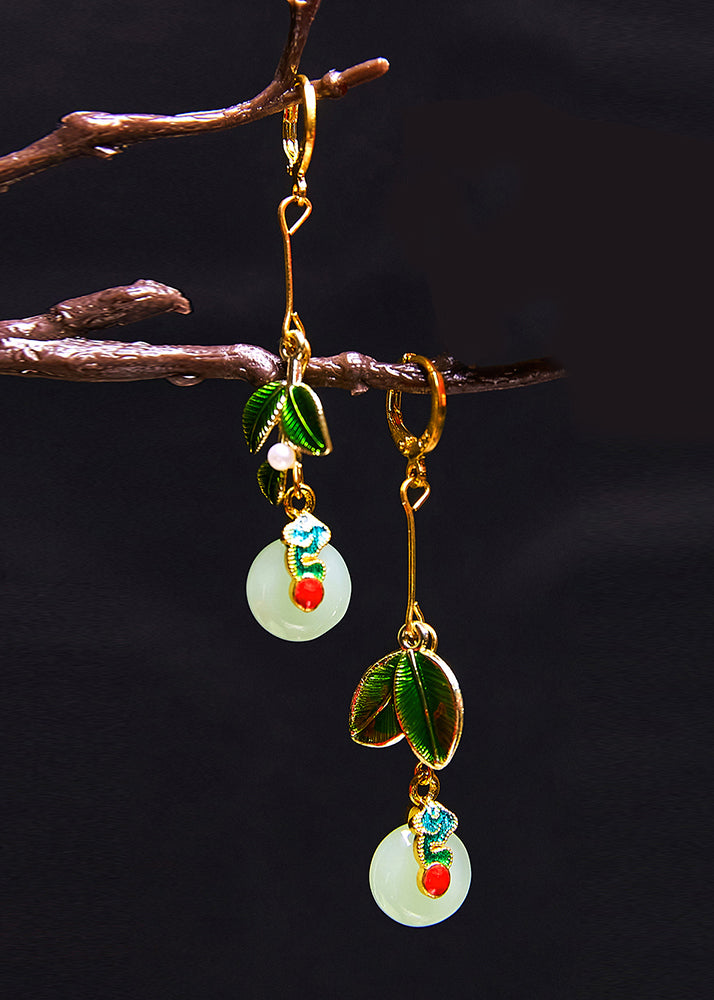 Elegant Metal Green Leaf Circular Jade Drop Earrings - Omychic