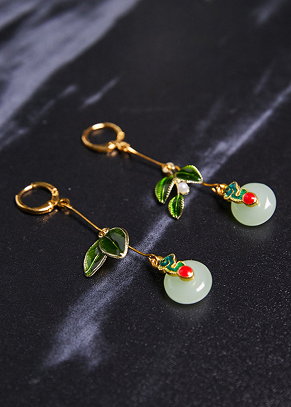 Elegant Metal Green Leaf Circular Jade Drop Earrings