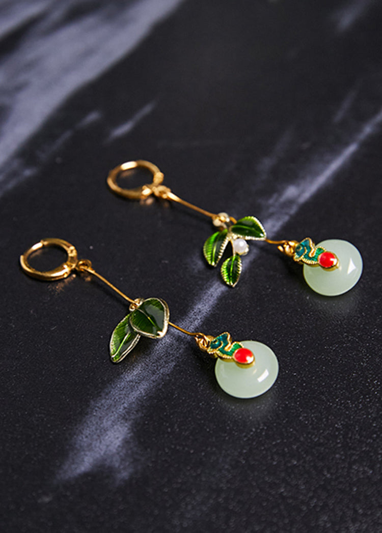 Elegant Metal Green Leaf Circular Jade Drop Earrings - Omychic