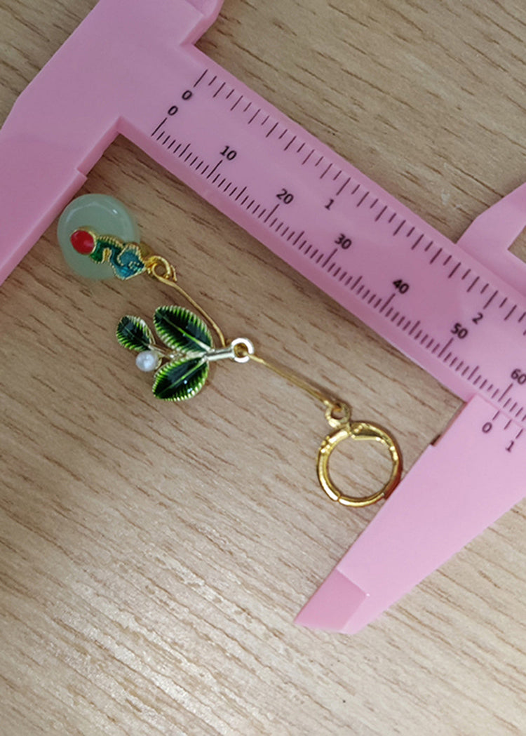 Elegant Metal Green Leaf Circular Jade Drop Earrings - Omychic