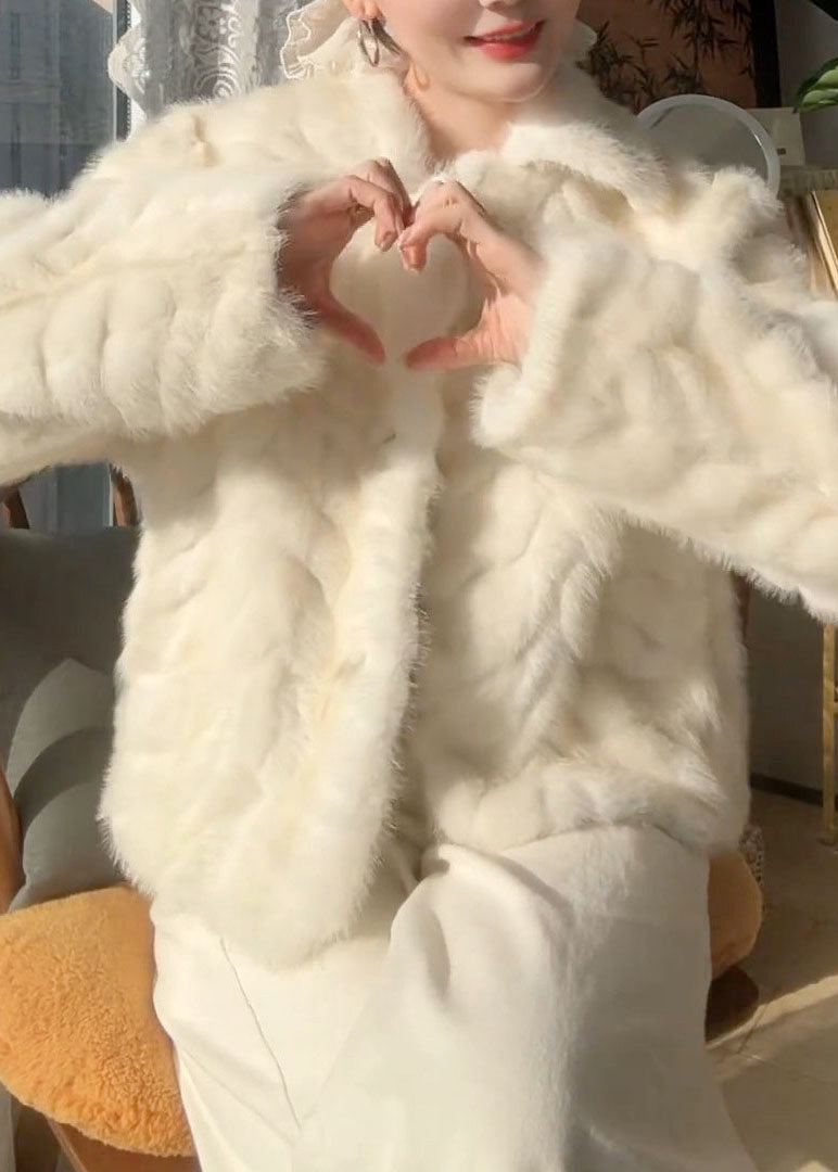 Elegant Milk White Peter Pan Collar Solid Mink Hair Coats Winter