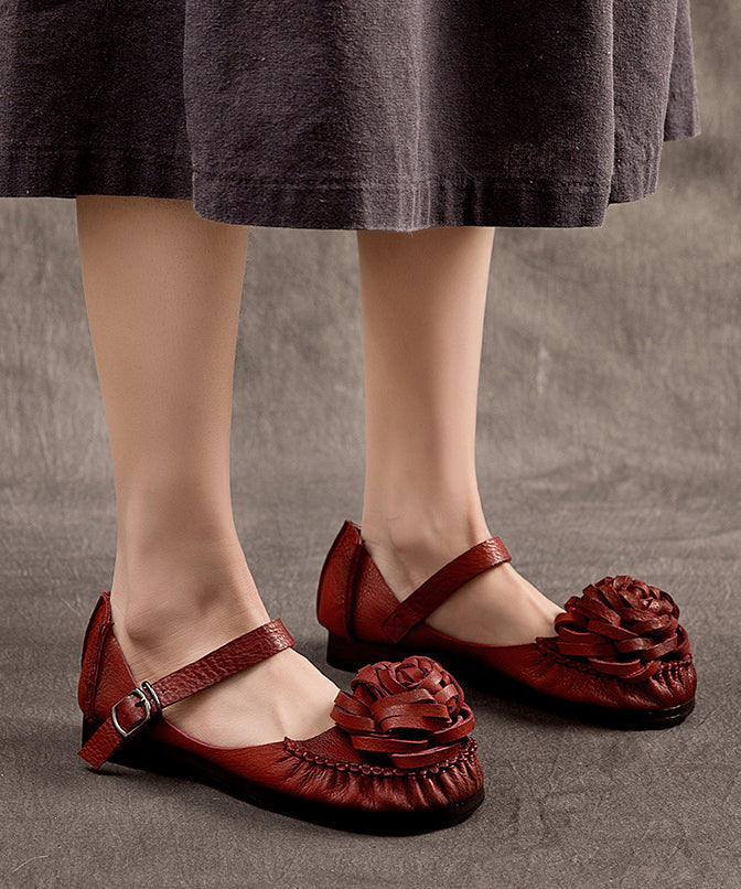 Elegant Mulberry Cowhide Leather Splicing Flower Buckle Strap Flats Shoes