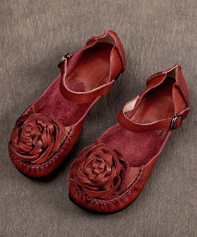 Elegant Mulberry Cowhide Leather Splicing Flower Buckle Strap Flats Shoes