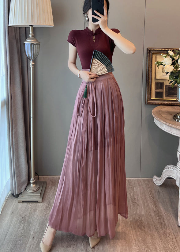 Elegant Mulberry Mandarin Collar Dress And Skirt Two Pieces Set Summer