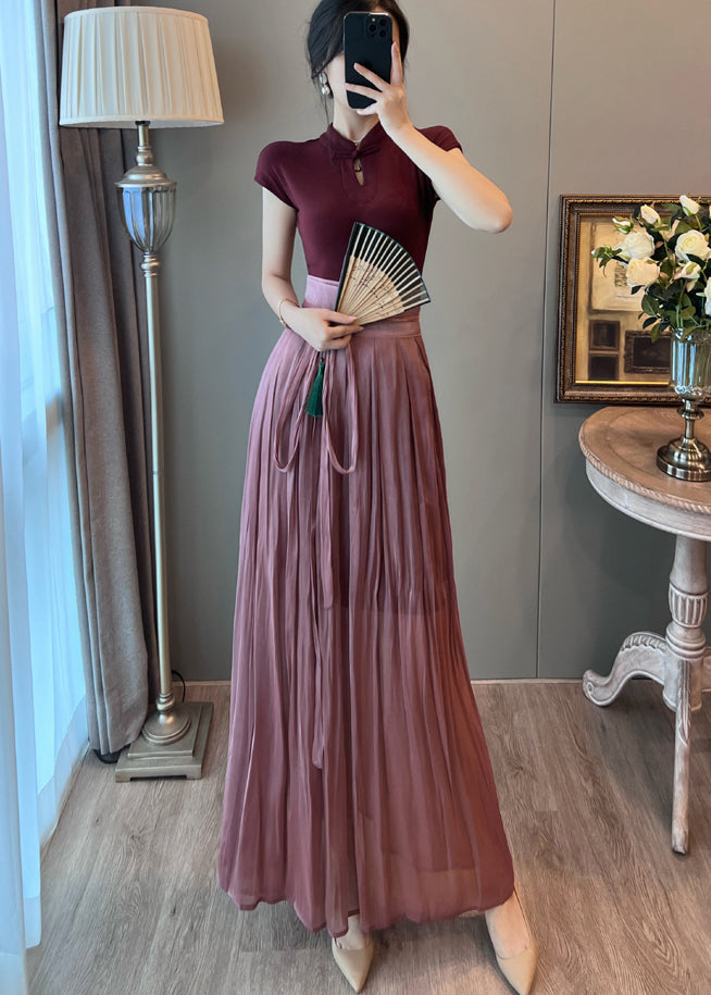 Elegant Mulberry Mandarin Collar Dress And Skirt Two Pieces Set Summer