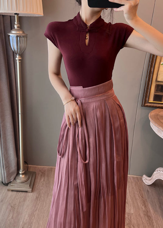 Elegant Mulberry Mandarin Collar Dress And Skirt Two Pieces Set Summer