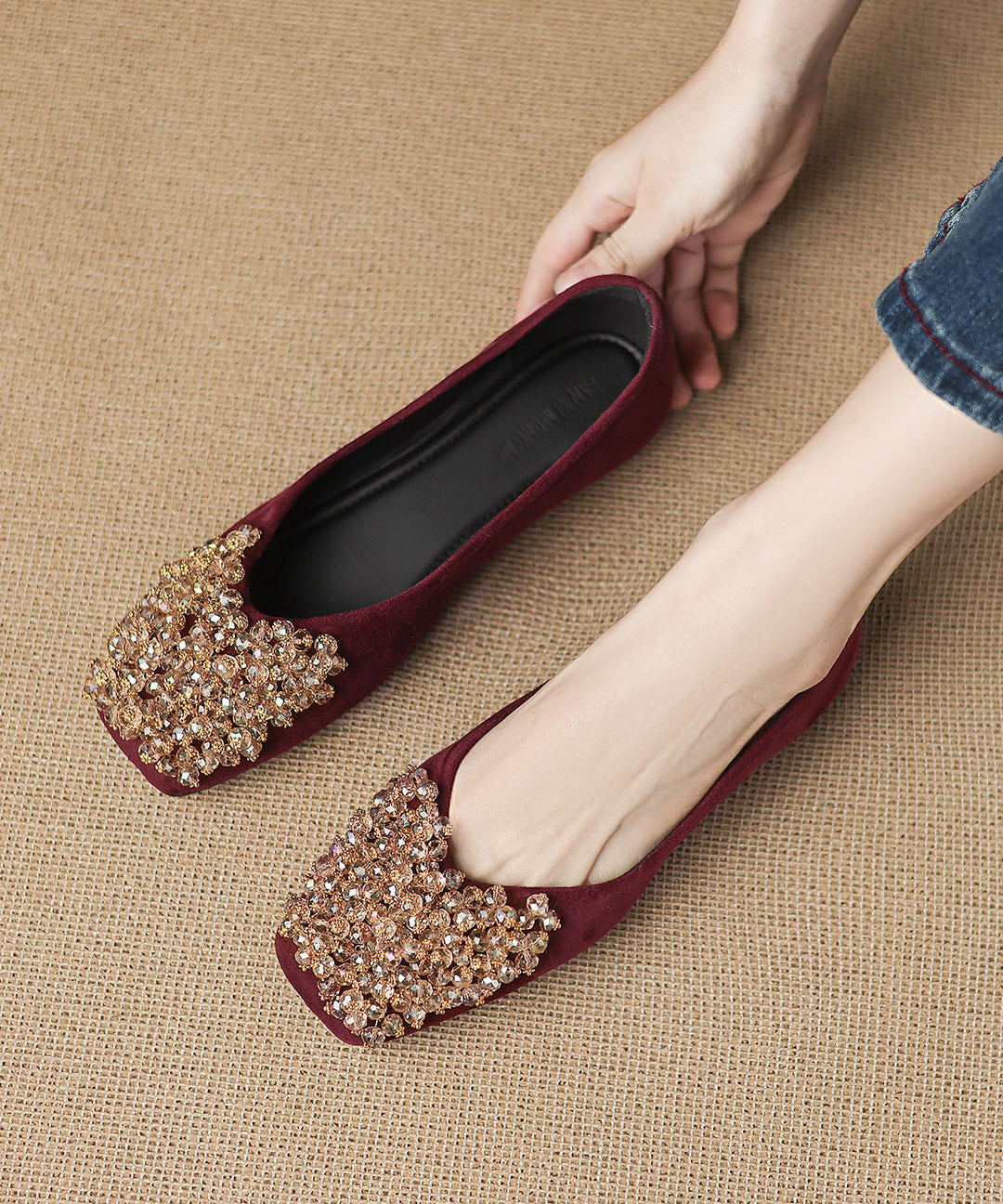 Elegant Mulberry Zircon Splicing Flats Square Toe