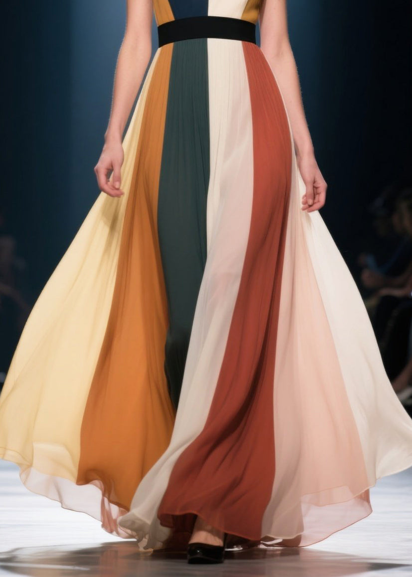 Elegant Multicolour Oversized Striped Chiffon Long Dress Summer