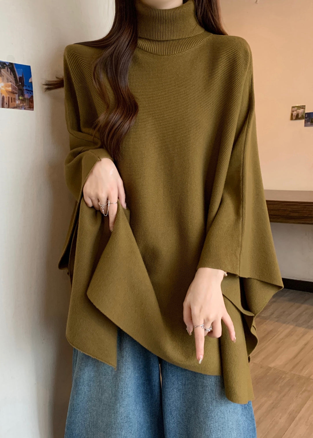 Elegant Mustard Yellow Turtleneck Asymmetrical Cozy Cotton Knit Sweaters Spring