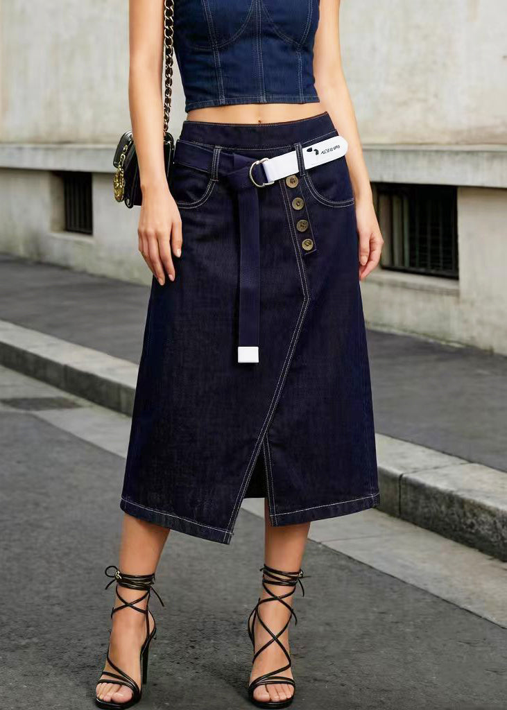 Elegant Navy Asymmetrical Side Open Denim Skirt Summer