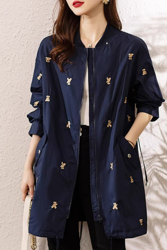 Elegant Navy Bear Embroidered Spandex Trench Coats Fall