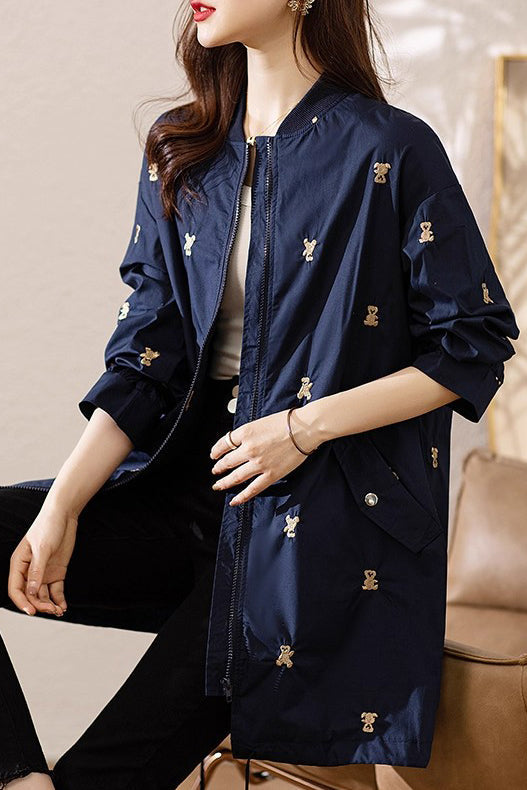Elegant Navy Bear Embroidered Spandex Trench Coats Fall