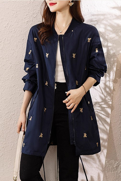 Elegant Navy Bear Embroidered Spandex Trench Coats Fall