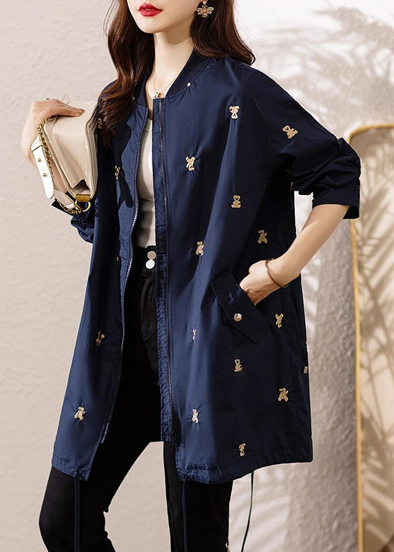 Elegant Navy Bear Embroidered Spandex Trench Coats Fall