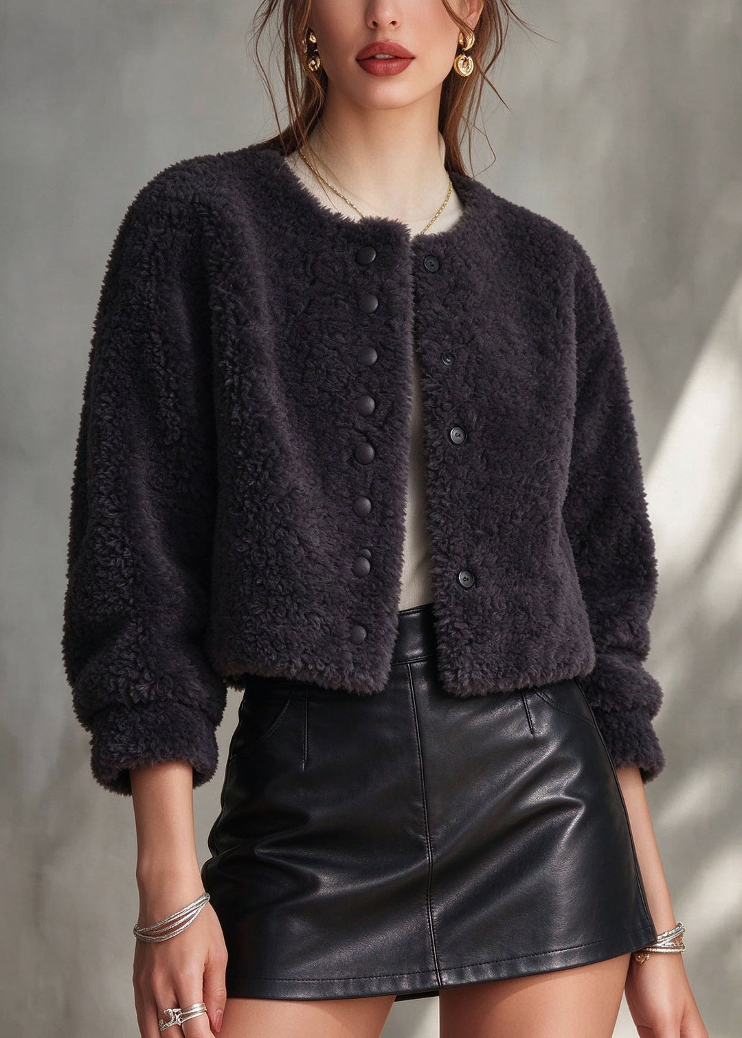 Elegant Navy Button Solid Faux Fur Coat Winter