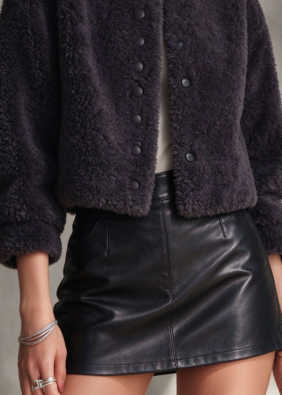 Elegant Navy Button Solid Faux Fur Coat Winter