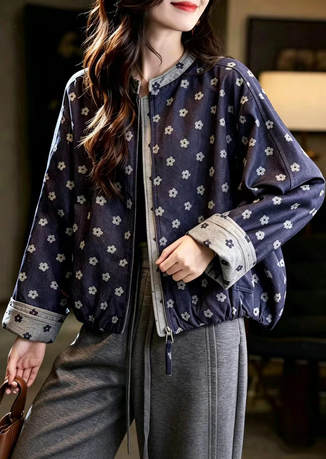 Elegant Navy Jacquard Denim Jacket Batwing Sleeve