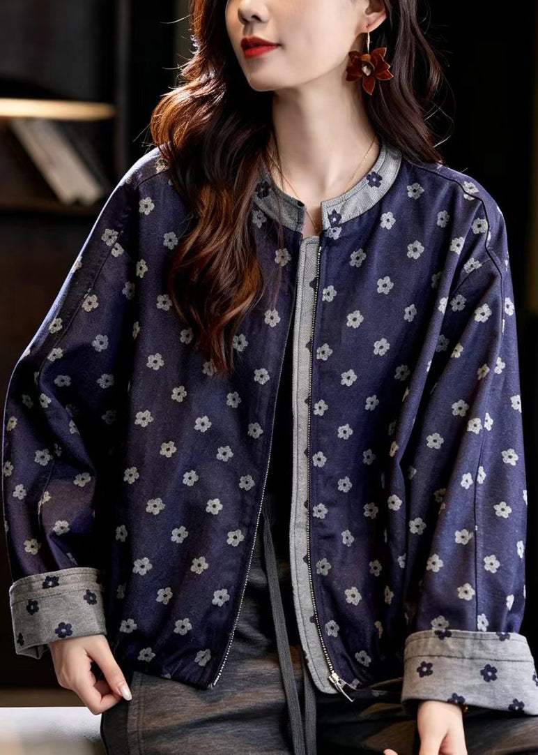 Elegant Navy Jacquard Denim Jacket Batwing Sleeve
