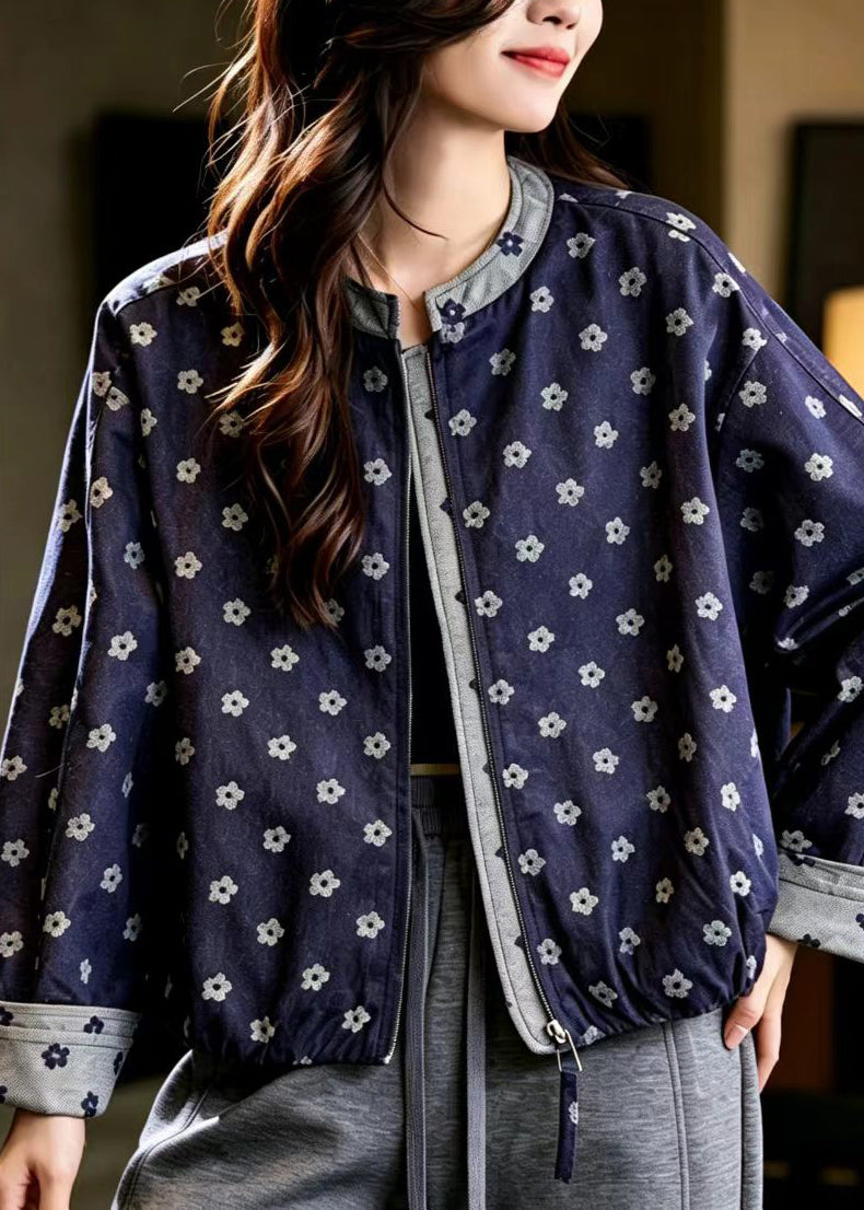 Elegant Navy Jacquard Denim Jacket Batwing Sleeve