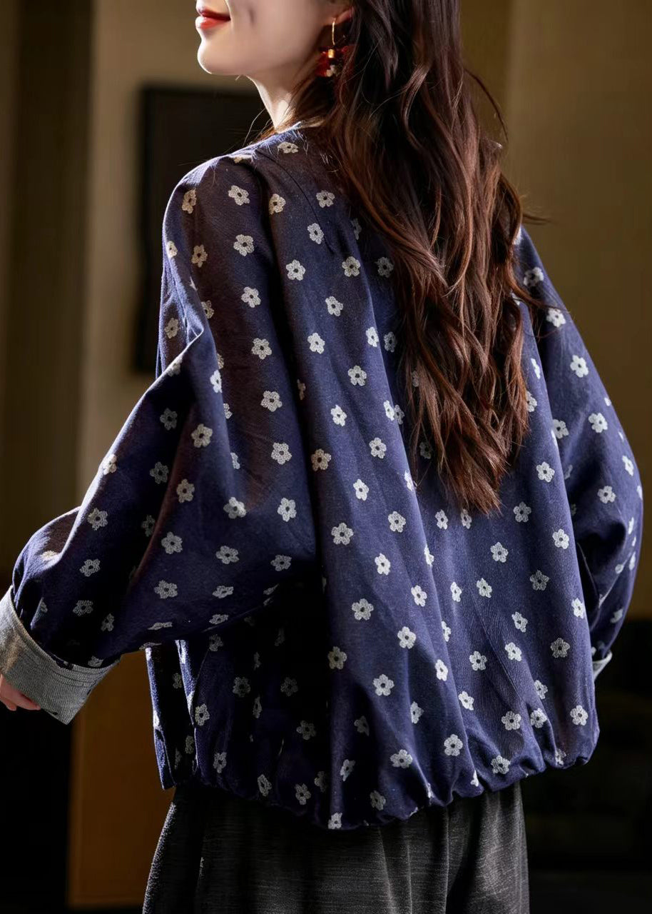 Elegant Navy Jacquard Denim Jacket Batwing Sleeve