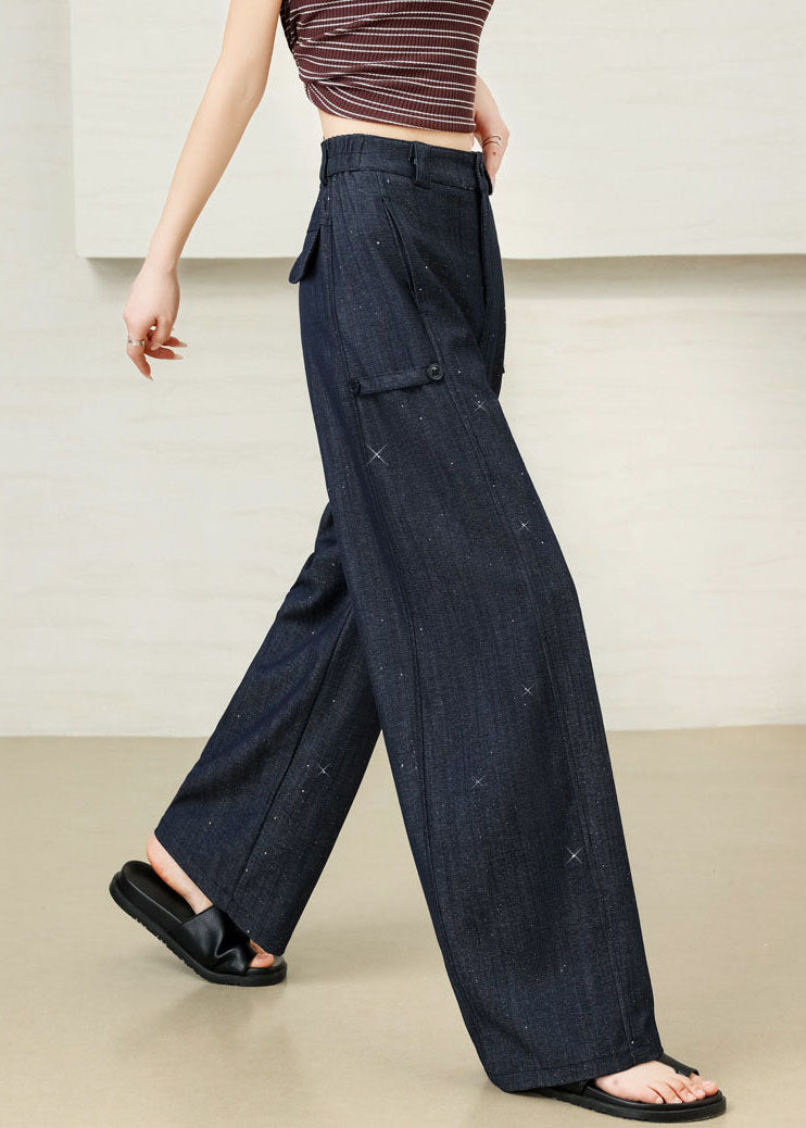 Elegant Navy Oversized Star Sequins Cotton Pants Fall