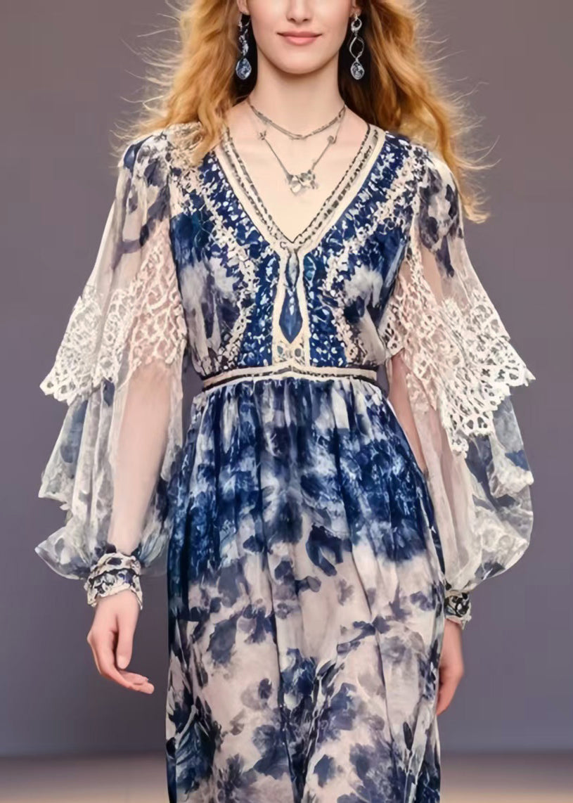 Elegant Navy Print Chiffon Party Dress Lantern Sleeve