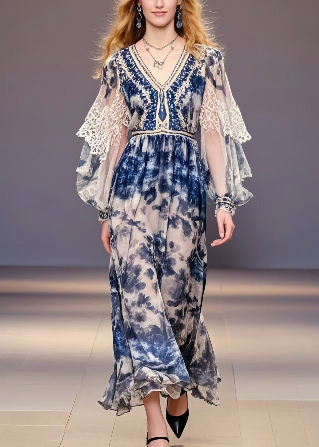 Elegant Navy Print Chiffon Party Dress Lantern Sleeve