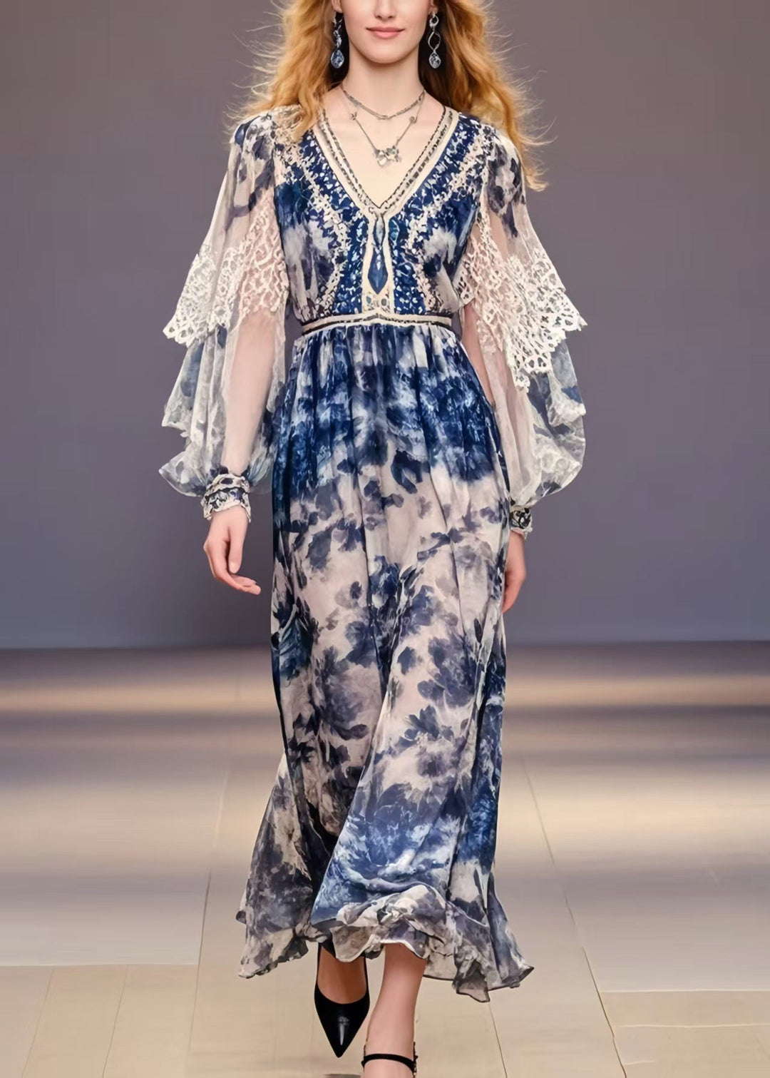 Elegant Navy Print Chiffon Party Dress Lantern Sleeve