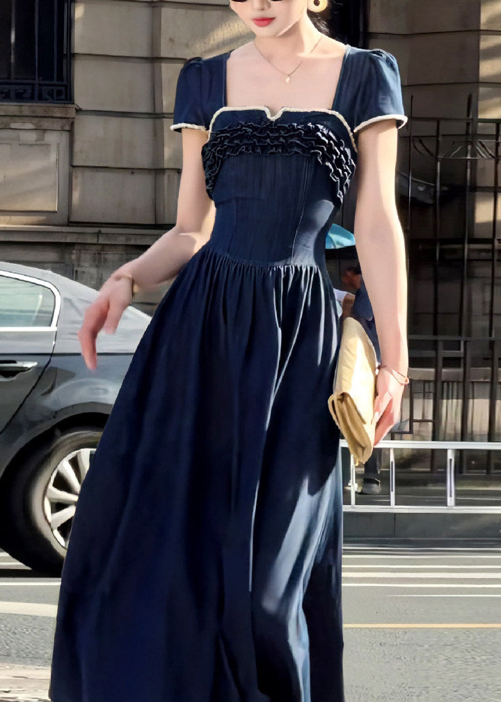 Elegant Navy Ruffled Exra Large Hem Denim Long Dress Summer