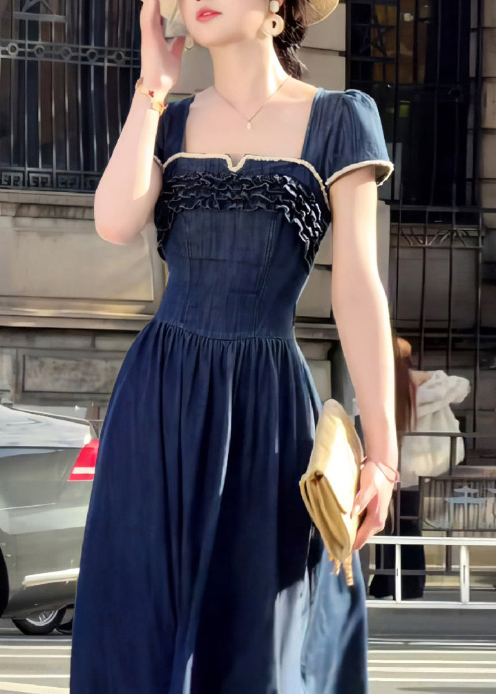 Elegant Navy Ruffled Exra Large Hem Denim Long Dress Summer