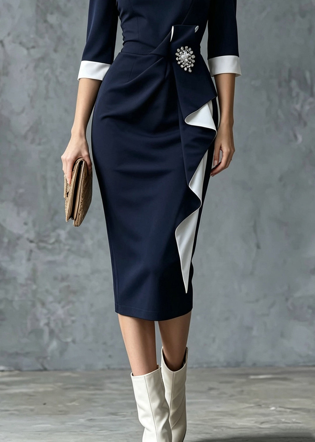 Elegant Navy Ruffled Patchwork Long Dress Summer