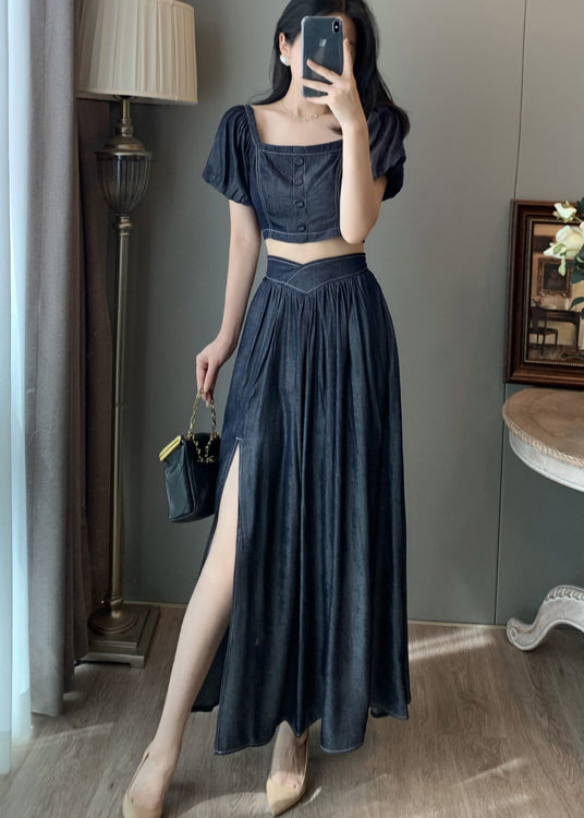 Elegant Navy Square Collar Side Open Denim Two-Piece Set Summer