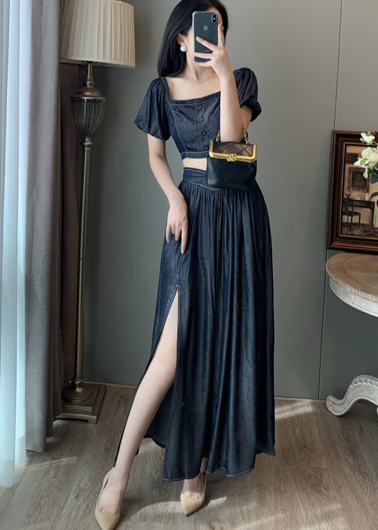 Elegant Navy Square Collar Side Open Denim Two-Piece Set Summer