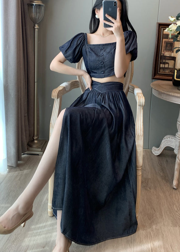 Elegant Navy Square Collar Side Open Denim Two-Piece Set Summer