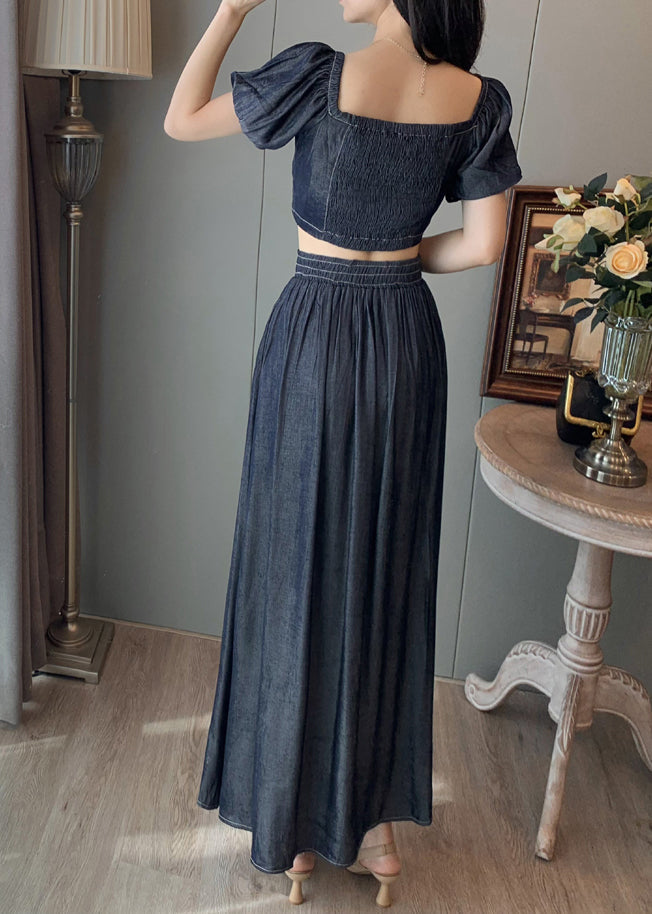 Elegant Navy Square Collar Side Open Denim Two-Piece Set Summer