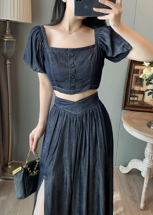 Elegant Navy Square Collar Side Open Denim Two-Piece Set Summer
