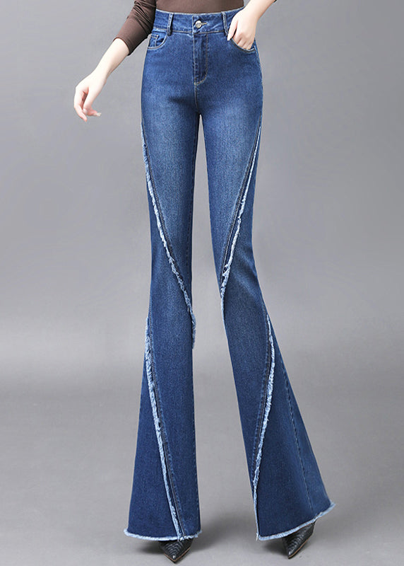 Elegant Navy Tassel Pockets Patchwork Denim Flared Trousers Fall