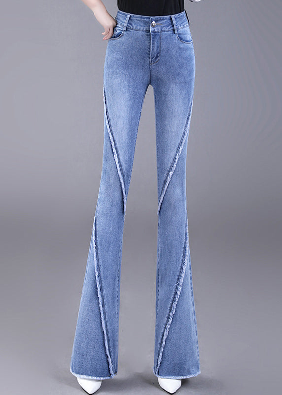 Elegant Navy Tassel Pockets Patchwork Denim Flared Trousers Fall