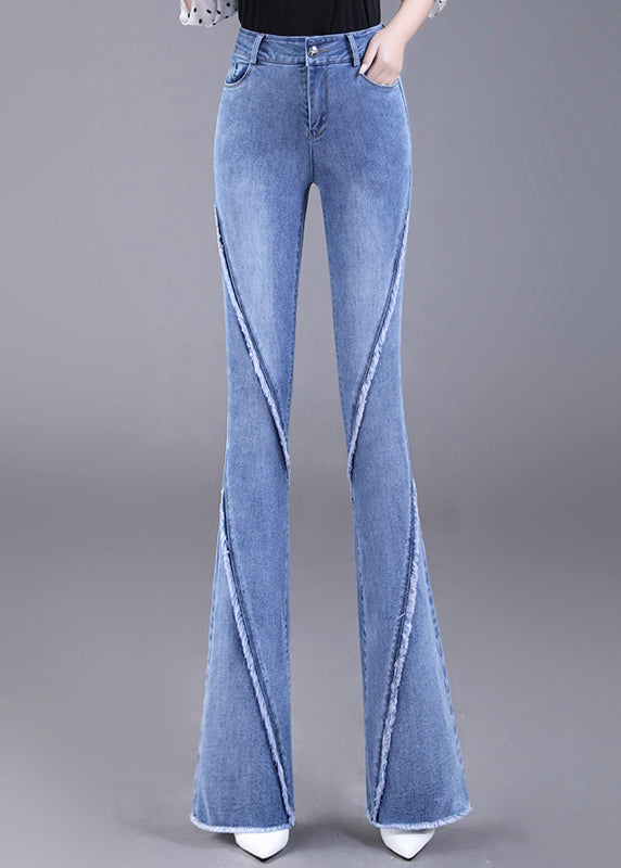 Elegant Navy Tassel Pockets Patchwork Denim Flared Trousers Fall