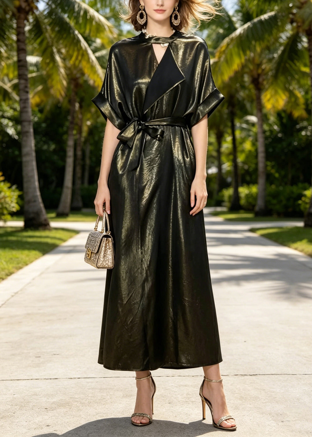 Elegant O Neck Lace Up Pockets Silk Long Dresses Summer