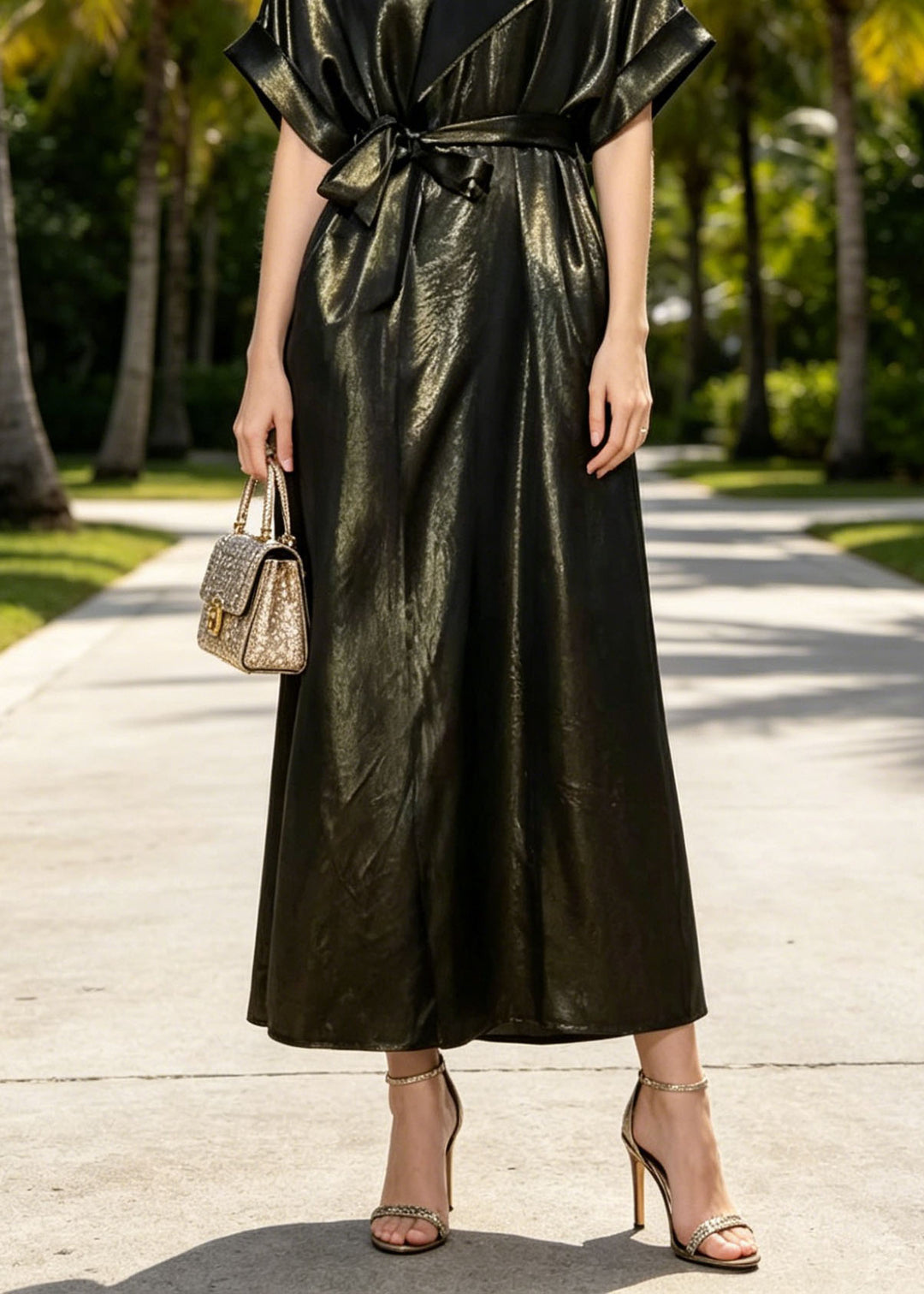 Elegant O Neck Lace Up Pockets Silk Long Dresses Summer