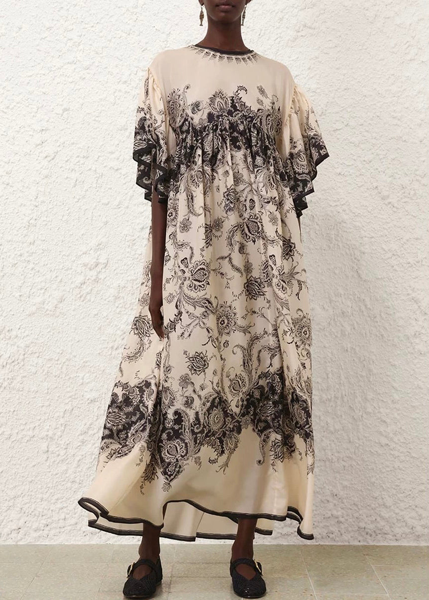 Elegant O Neck Print Cotton Long Dresses Summer