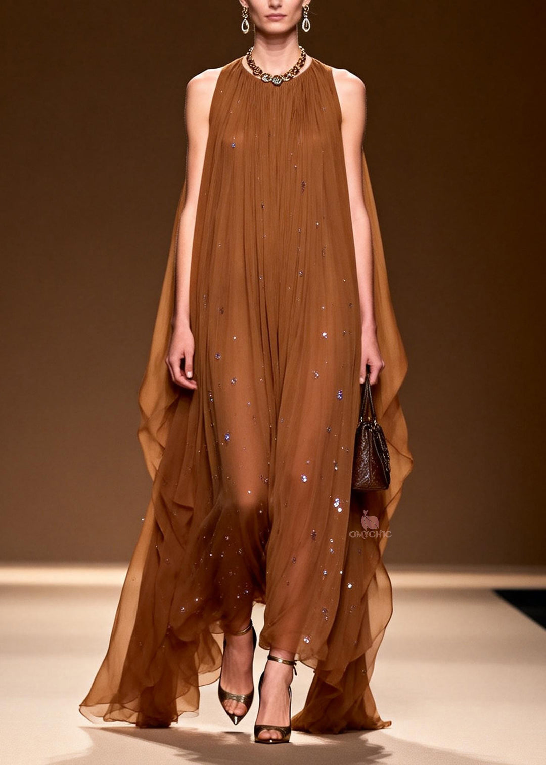 Elegant O Neck Zircon Chiffon Long Dress Sleeveless