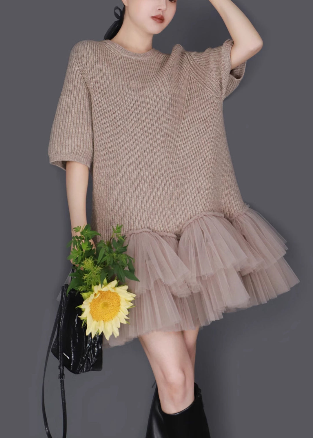 Elegant Oatmeal Color O Neck Wrinkled Tulle Patchwork Knit Sweater Dress