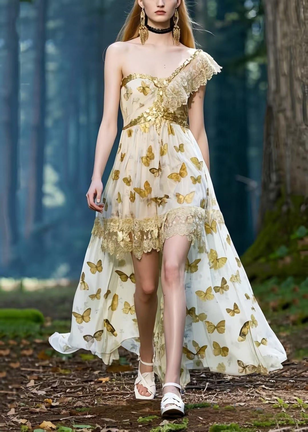 Elegant One Shoulder Butterfly Print Chiffon Vestidos Dresses Summer