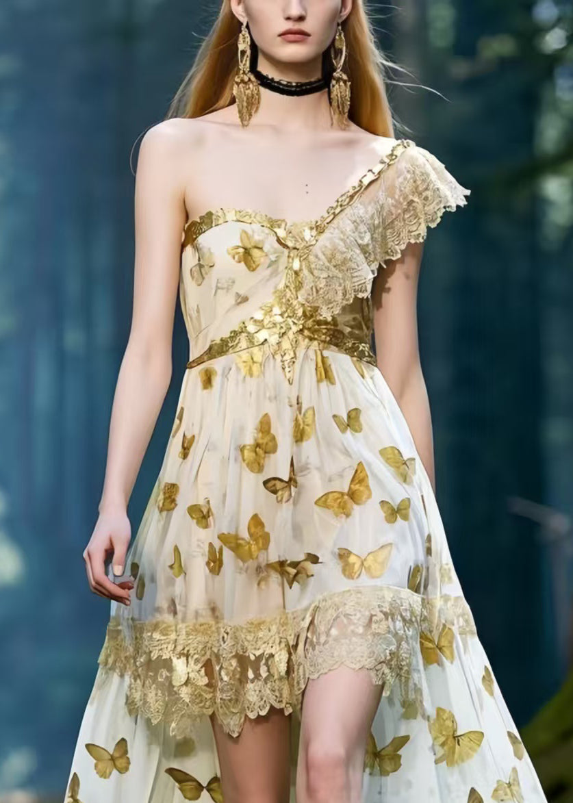 Elegant One Shoulder Butterfly Print Chiffon Vestidos Dresses Summer