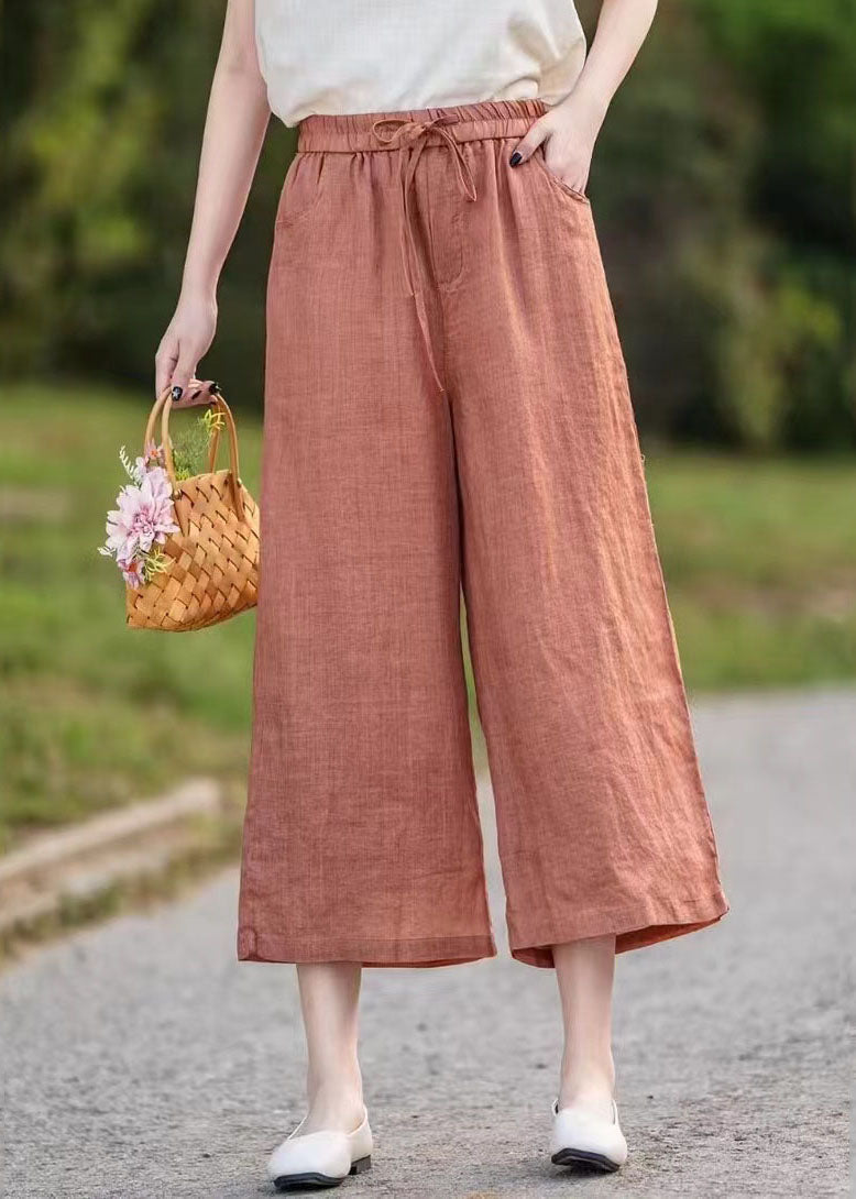 Elegant Orange Elastic Waist Linen Crop Pants Summer